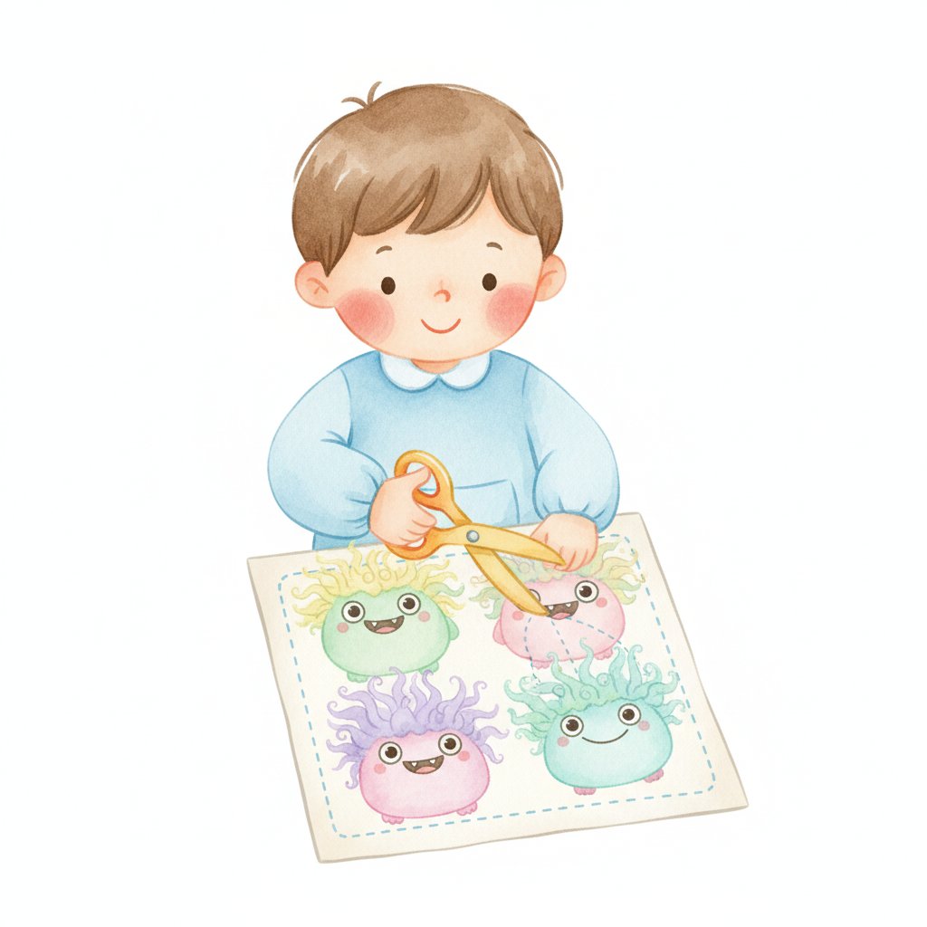 A child snipping the wild spiky hair of friendly cartoon monsters on a cutting worksheet