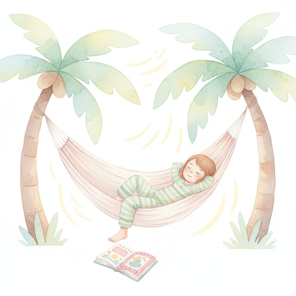 Watercolor illustration of a young child relaxing in a hammock outdoors on a summer day