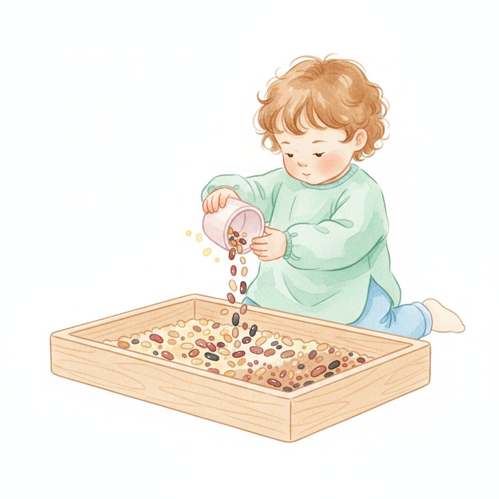 A child pouring dried beans from a cup into a sensory bin