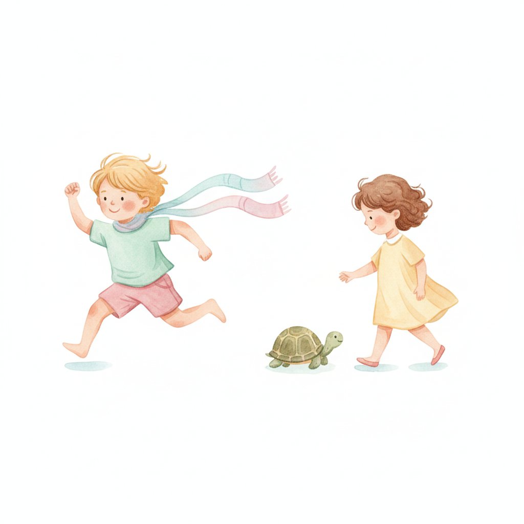Watercolor illustration of one child running fast and another walking slowly beside a turtle