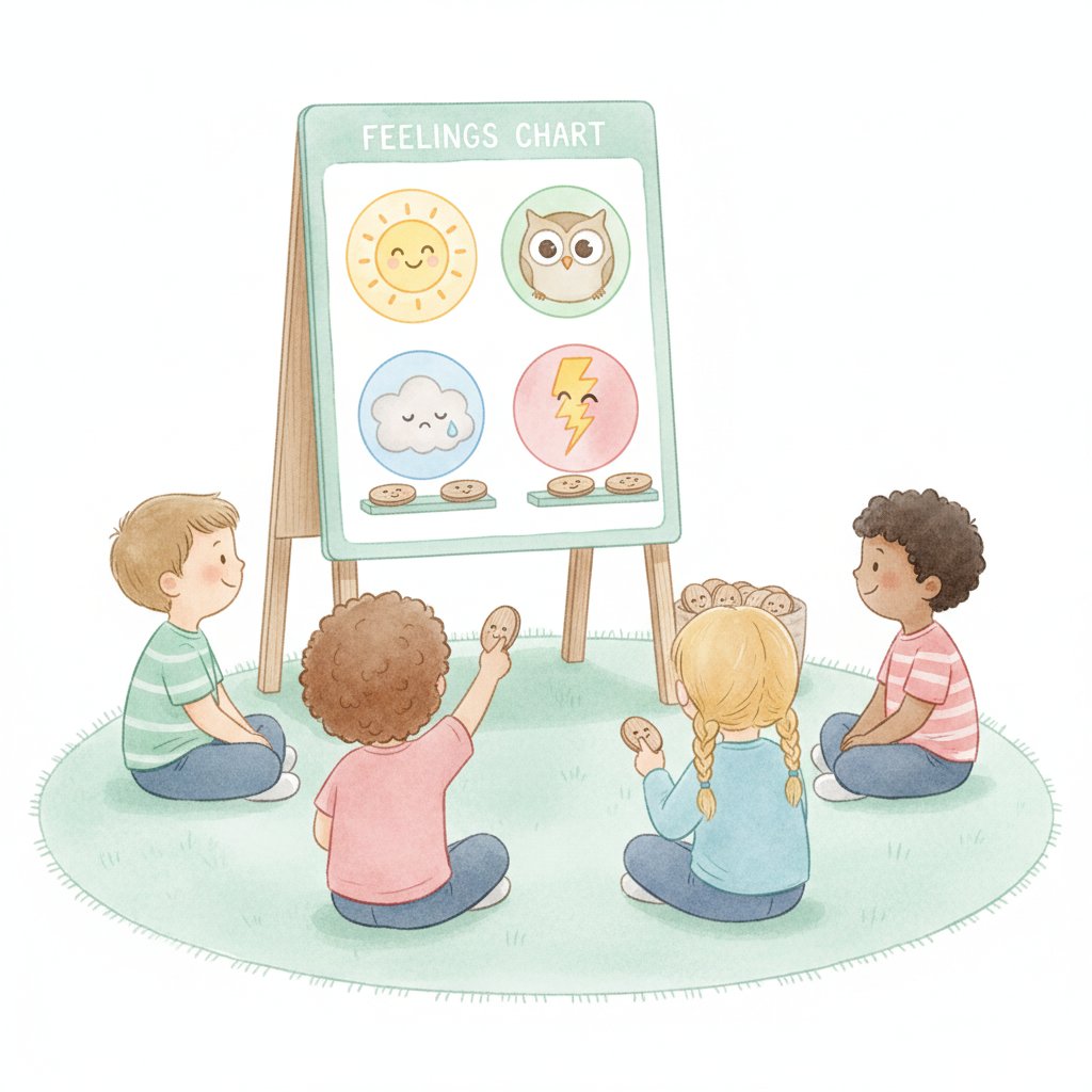 Children placing their name beside a feelings chart at a morning check-in