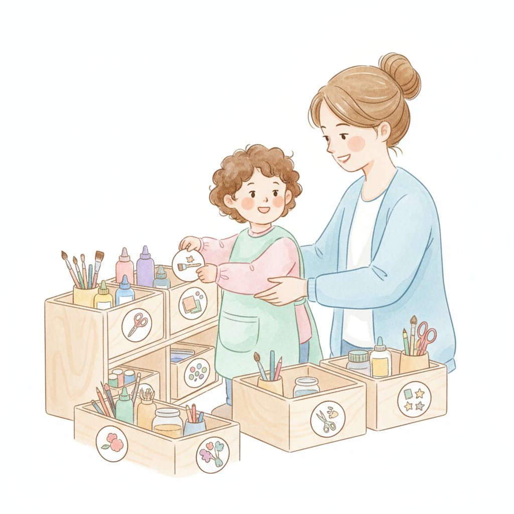 Child and teacher sticking picture labels onto bins while setting up an art corner