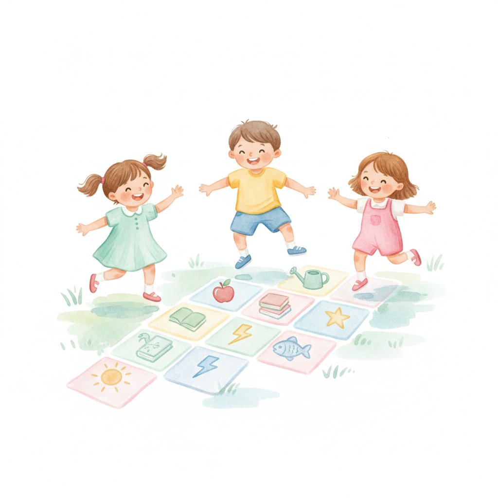 Children playing day-of-the-week hopscotch outdoors