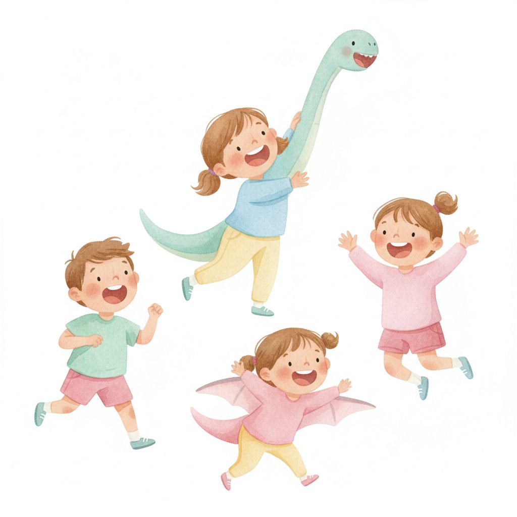 Children stomping and roaring while pretending to be dinosaurs