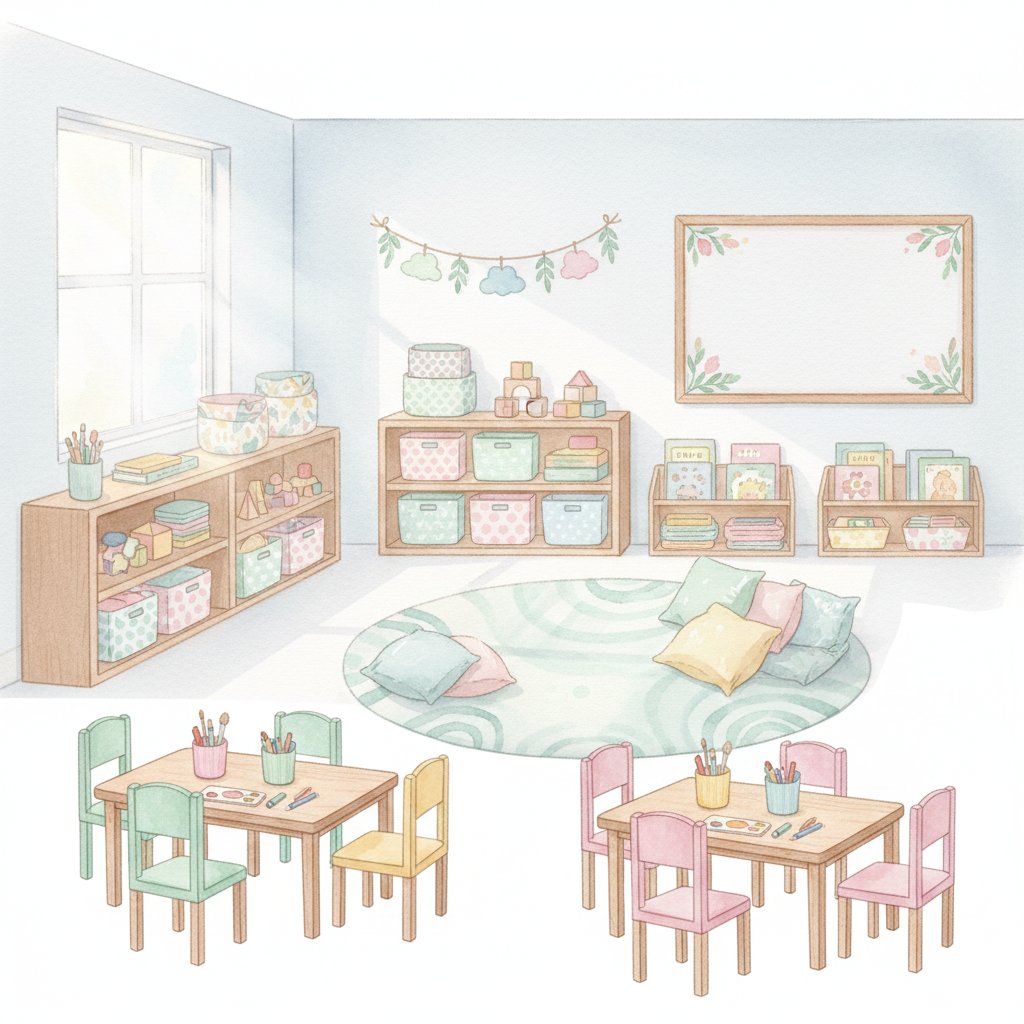 a cheerful fully organized classroom ready for happy learning