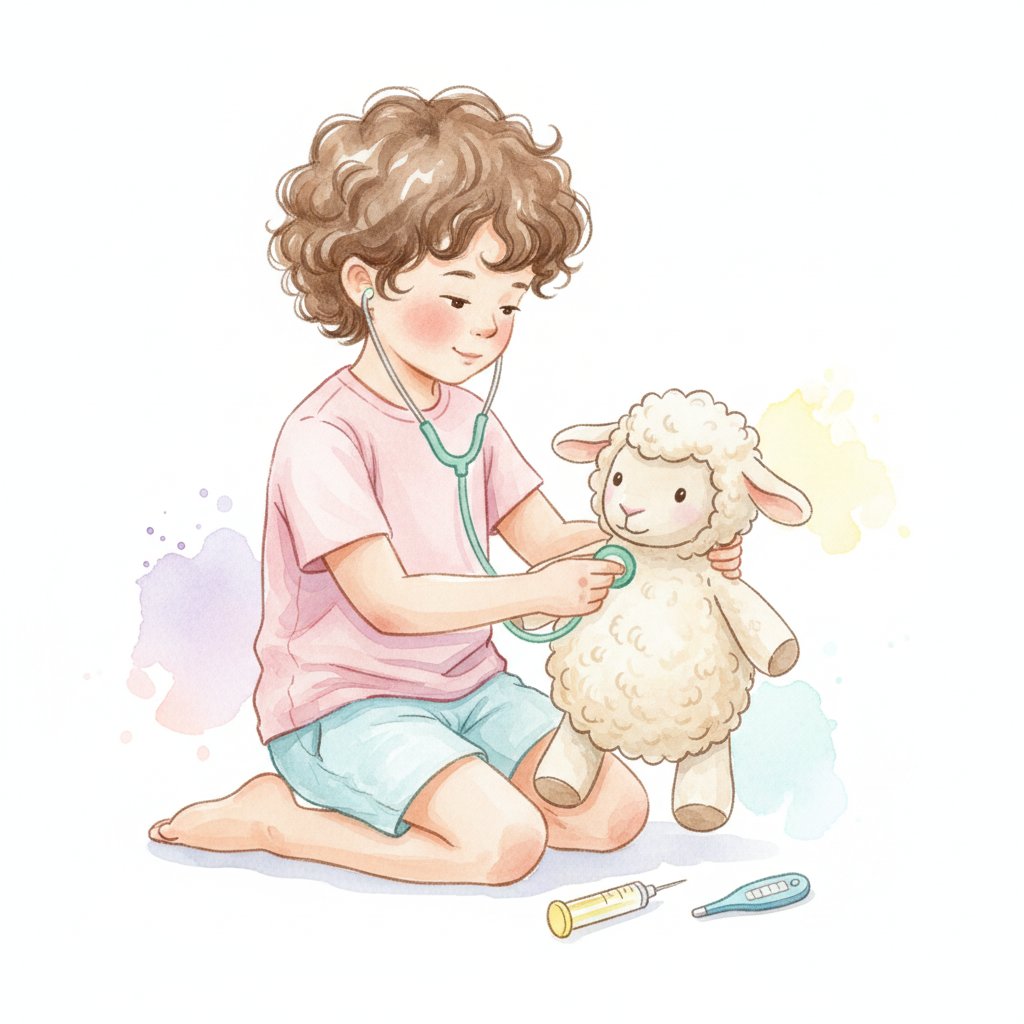 Watercolor illustration of a child pretending to be a veterinarian examining a stuffed animal