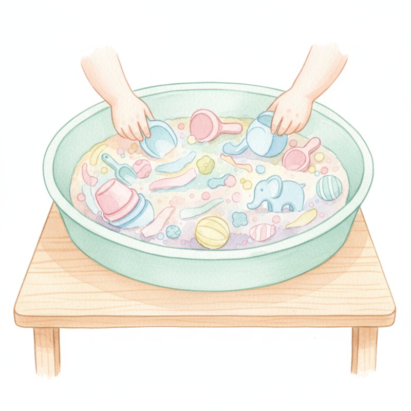 Watercolor of little hands exploring a colorful sensory bin
