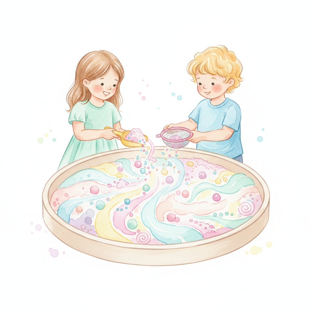 Two children happily sharing one large sensory bin together
