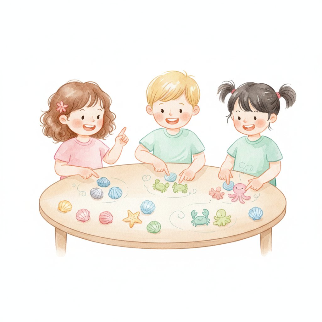 Watercolor illustration of preschoolers counting and sorting seashells and toy sea animals into groups