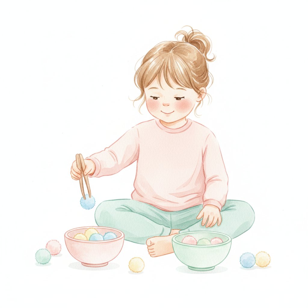 A child using tweezers to transfer pom-poms between bowls, soft watercolor