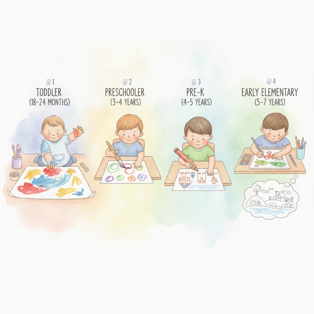 Age-by-age developmental progression showing 4 stages: toddler whole-arm finger painting, preschooler wrist control with chunky brush, pre-K tripod grip crayon, early elementary layered technique planning