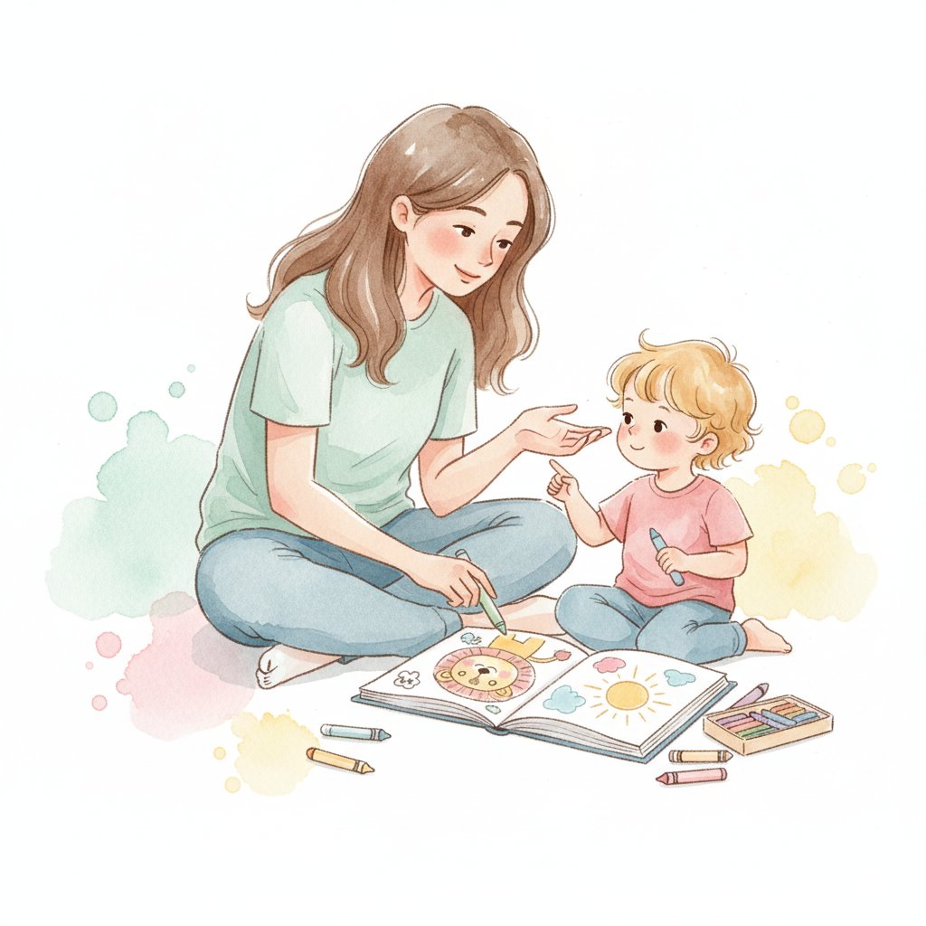 A parent and child coloring together and talking about colors