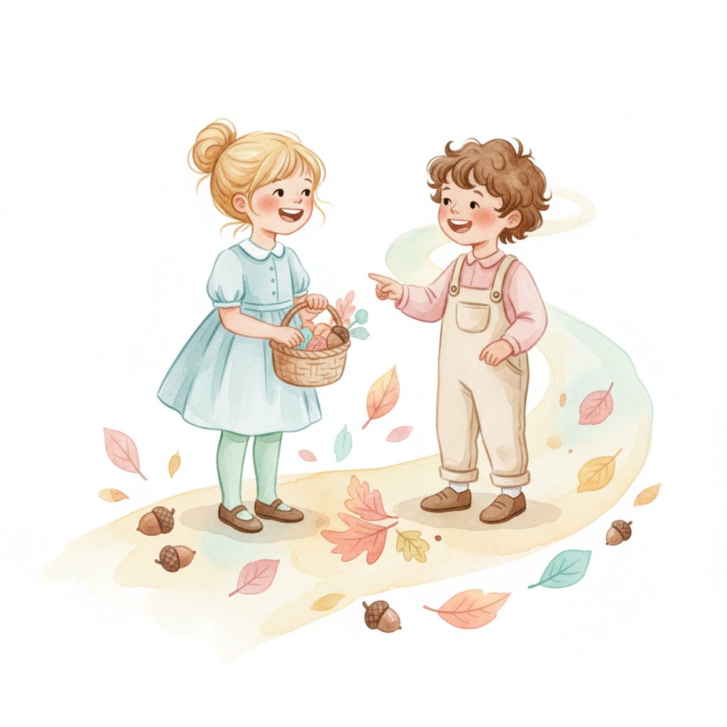 Watercolor illustration of two children on a nature walk collecting leaves and acorns in a basket