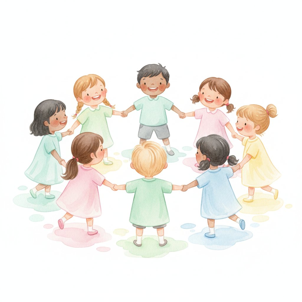 A circle of children playing a cooperative game holding hands