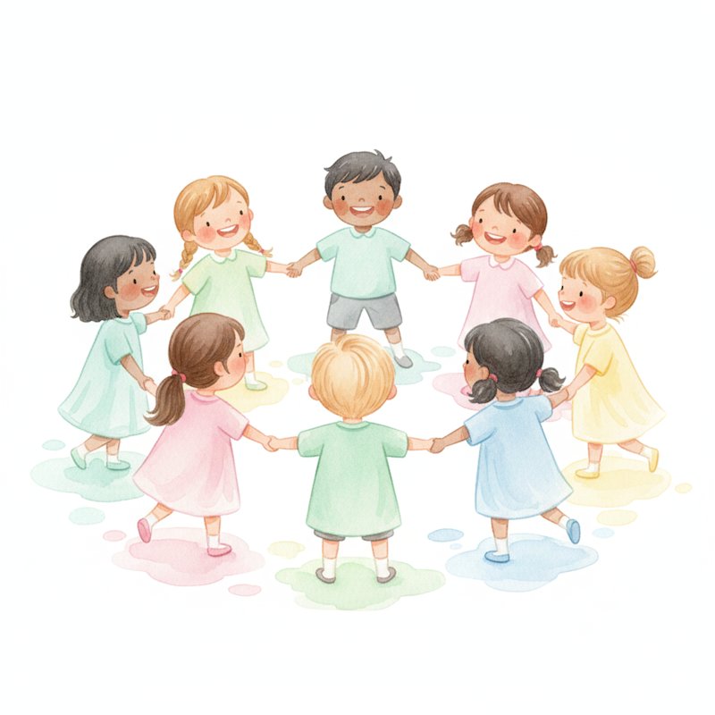 Watercolor illustration of a circle of children playing a cooperative game holding hands