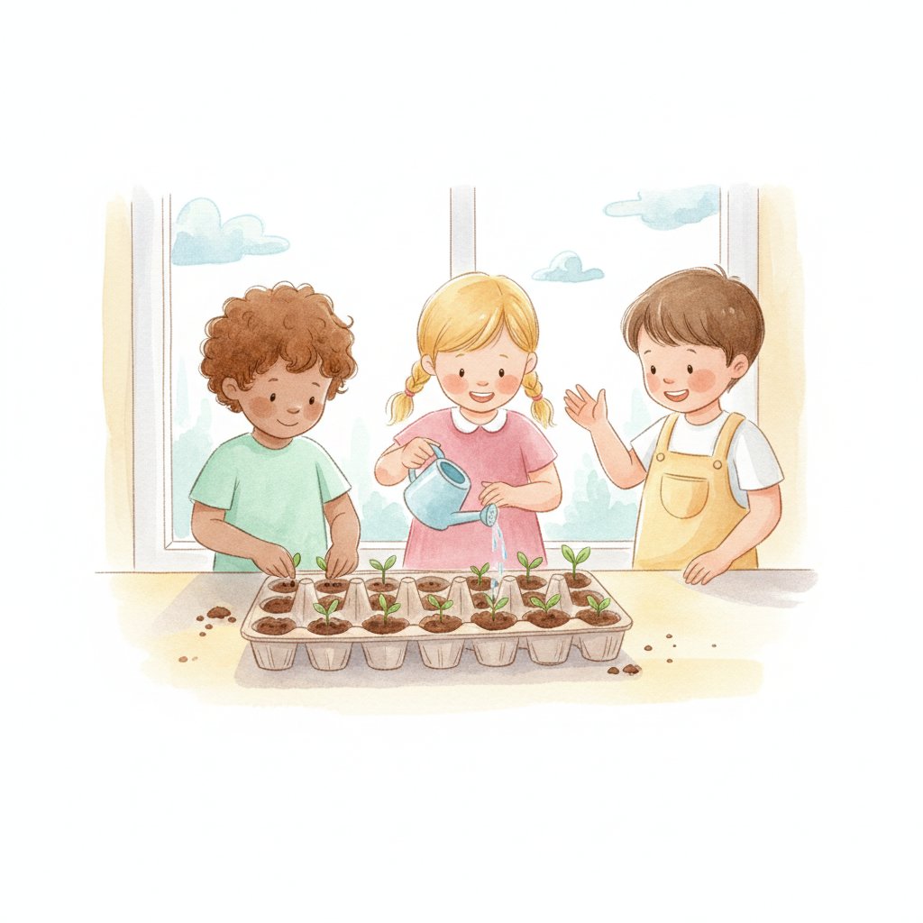 Watercolor of children planting an egg carton garden