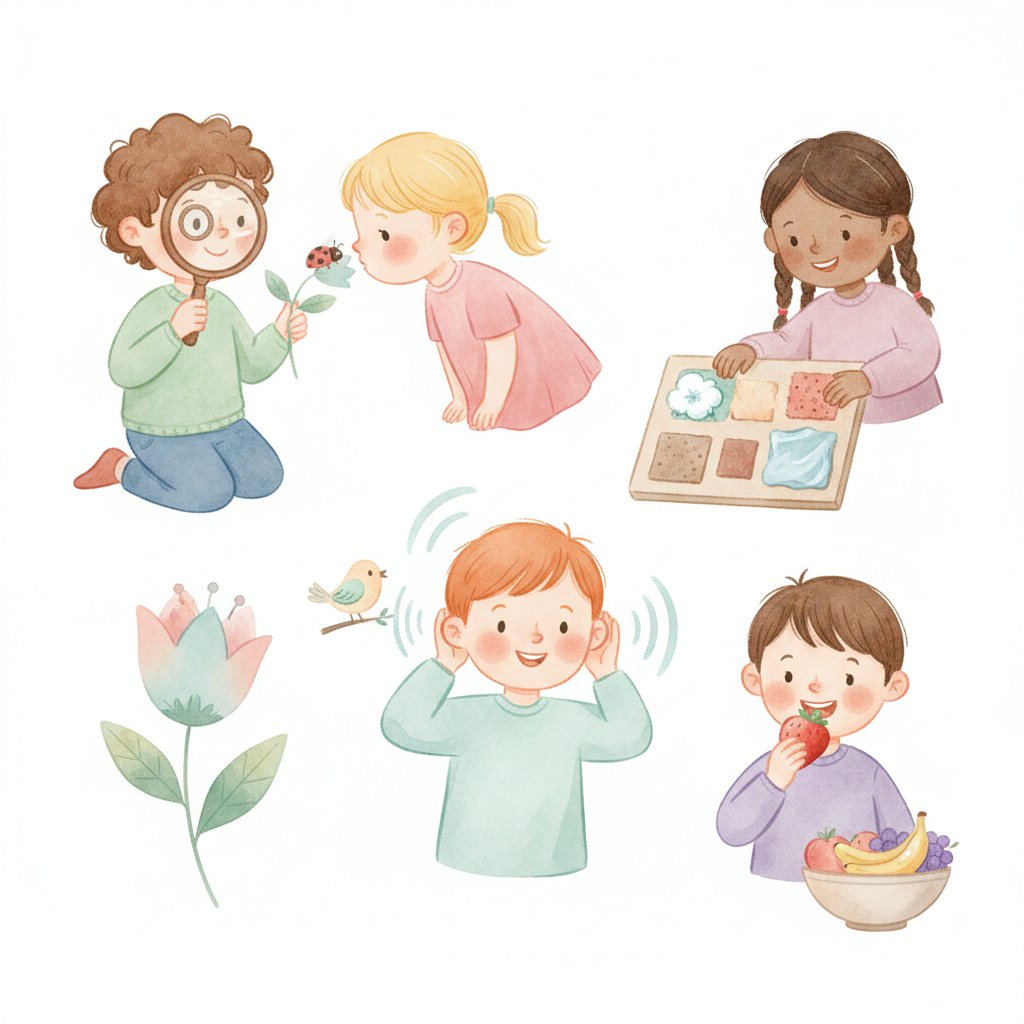 Children exploring the five senses with magnifying glass, flower, listening, touch and taste, soft watercolor