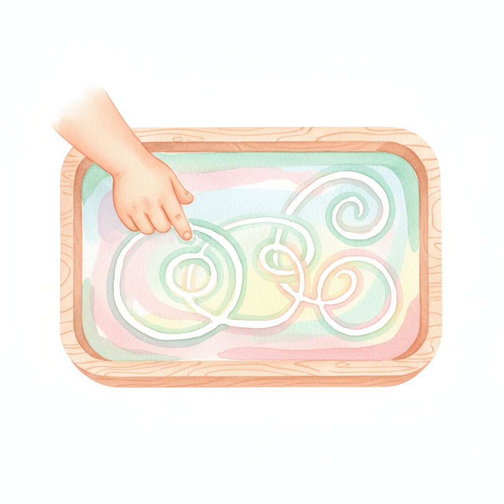 A child drawing swirls in a shallow tray of sand with their finger