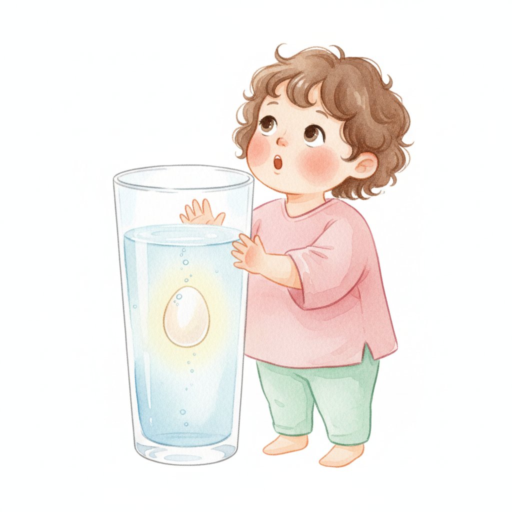 A wide-eyed young child watching an egg float in a glass of water