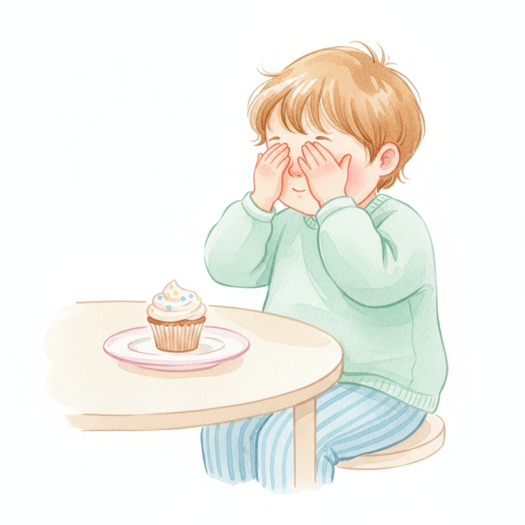 A child waiting patiently and covering their eyes near a treat