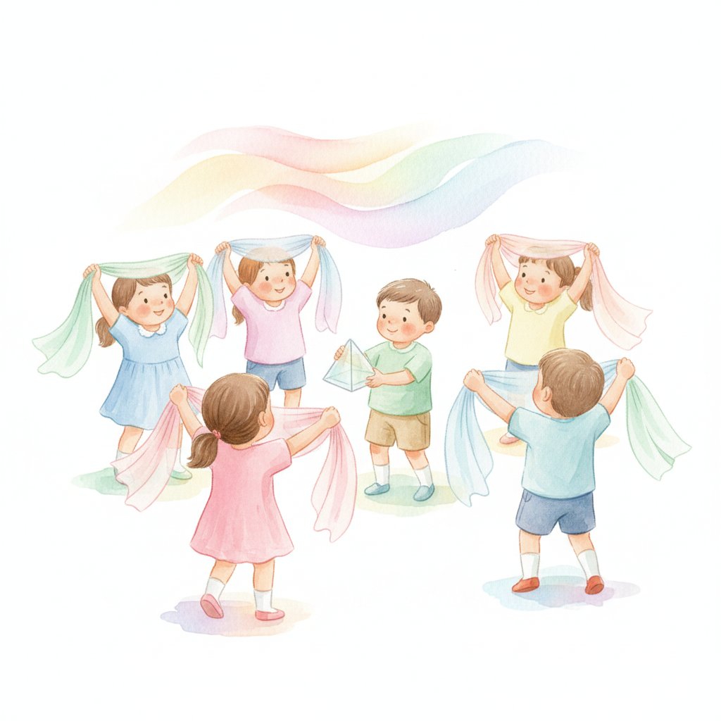 Young children exploring colorful light with translucent scarves and a prism making rainbows