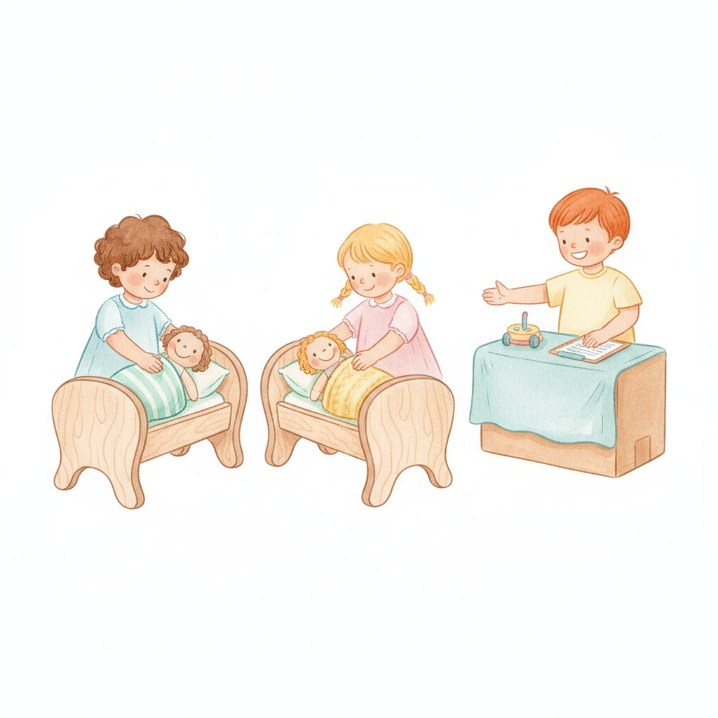 Children playing hospital ward tucking dolls into cots and greeting patients at a reception desk