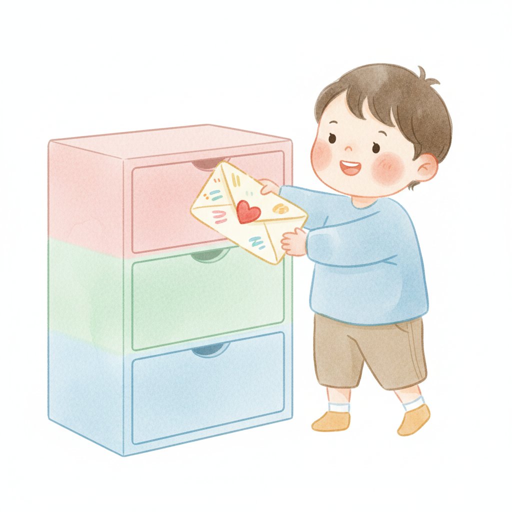 A child posting a decorated envelope into a classroom cubby box