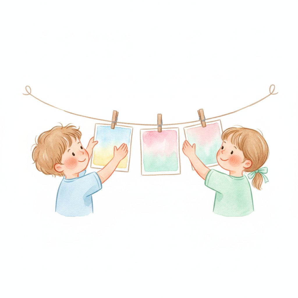Watercolor illustration of children pinning photos onto a string gallery