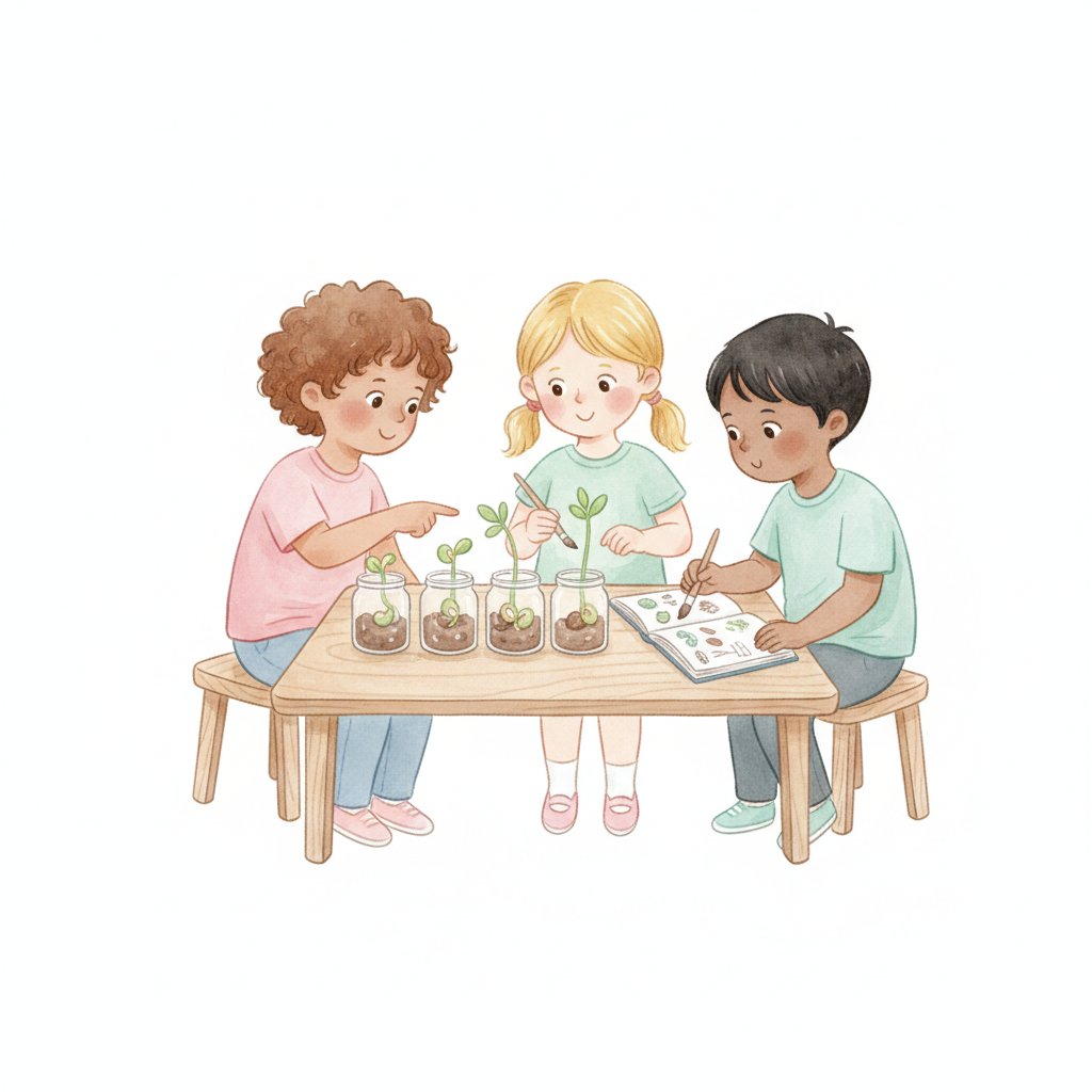 Watercolor of children observing sprouting seeds and drawing in a journal