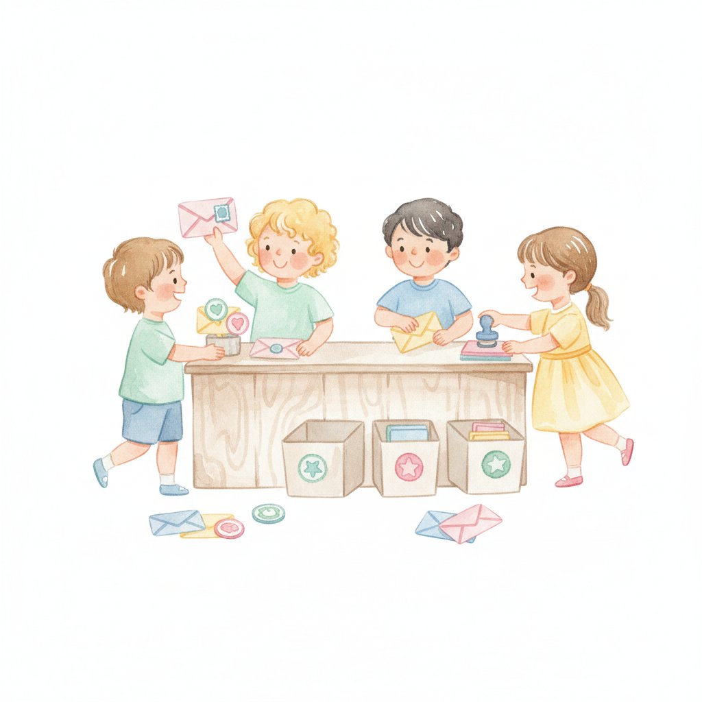 Watercolor illustration of children at a pretend post office counter