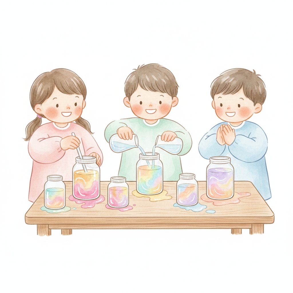 Children mixing colorful liquids in jars making swirling rainbow colors