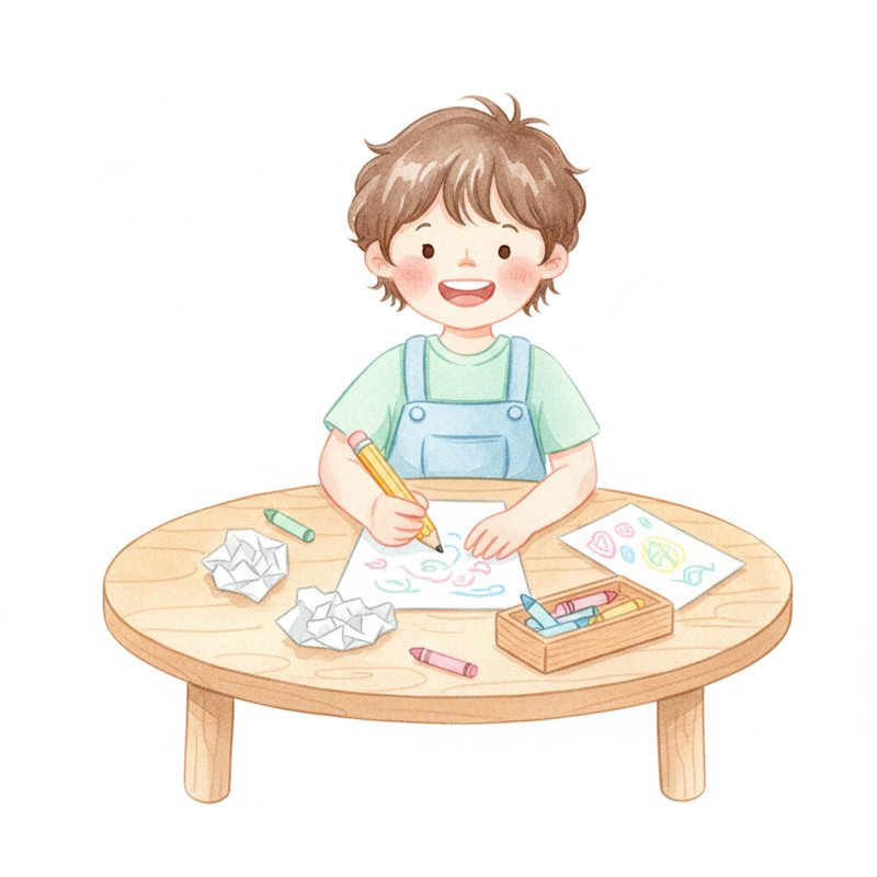 Kindergarten child writing at a cheerful classroom writing center