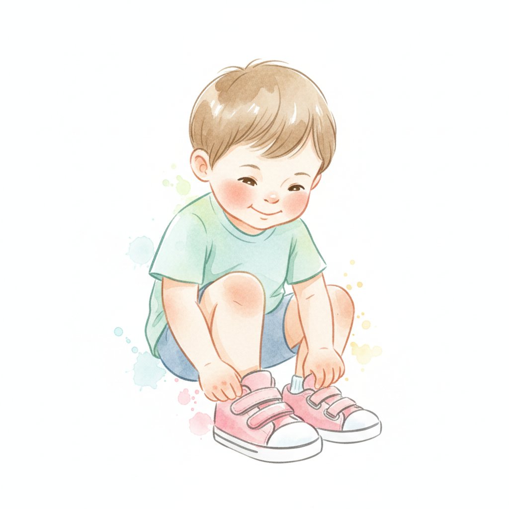 A determined toddler proudly putting on their own shoes