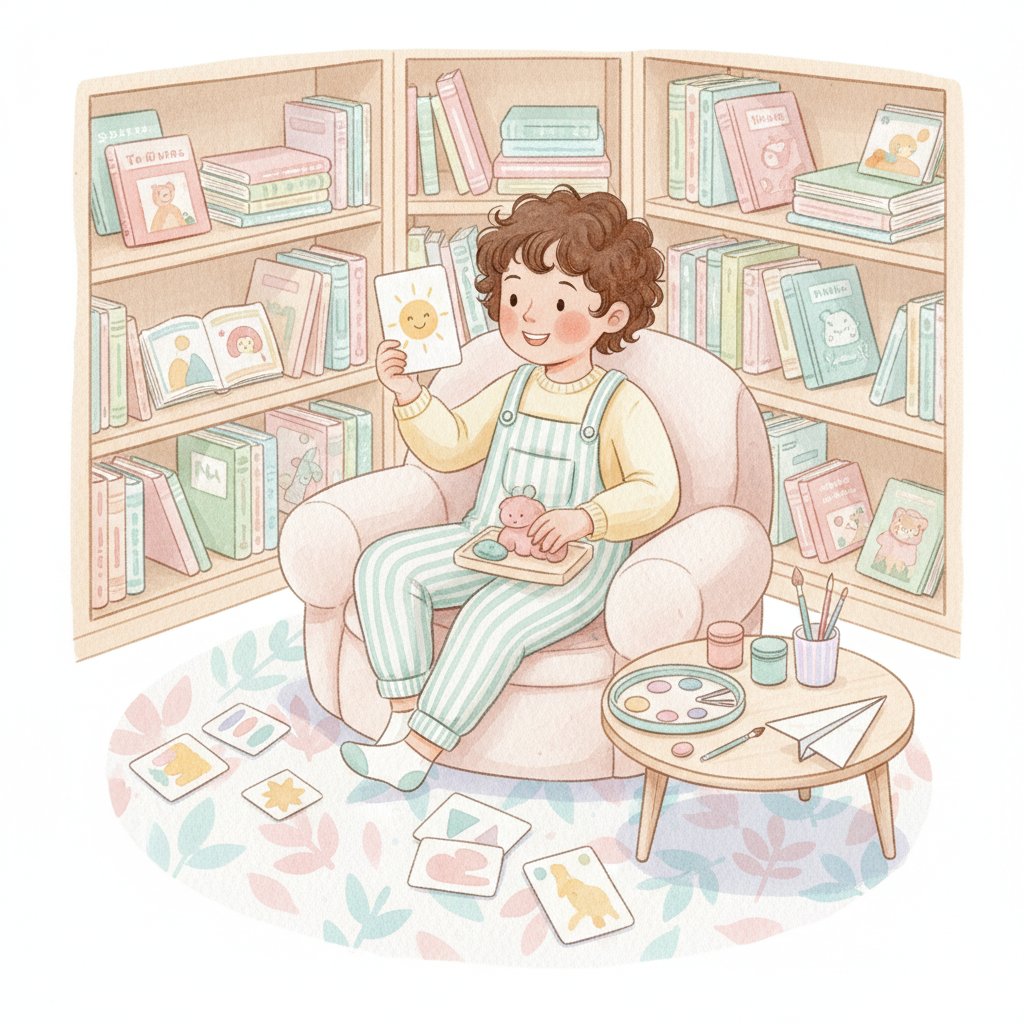 A child in a cozy reading nook with books and learning materials