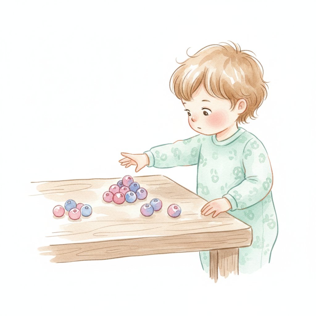 A toddler reaching toward the larger of two small piles of berries