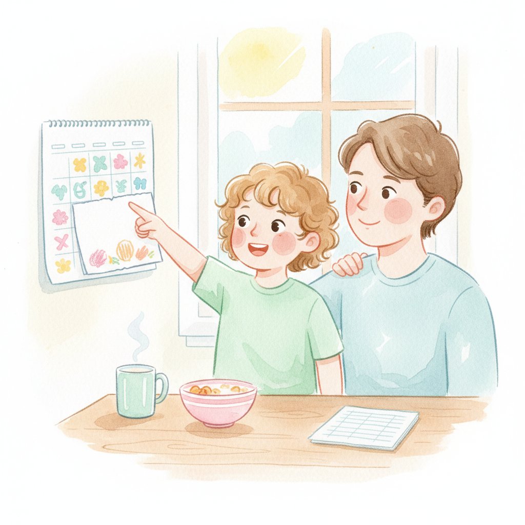 Child pointing at a wall calendar holding a homemade sign