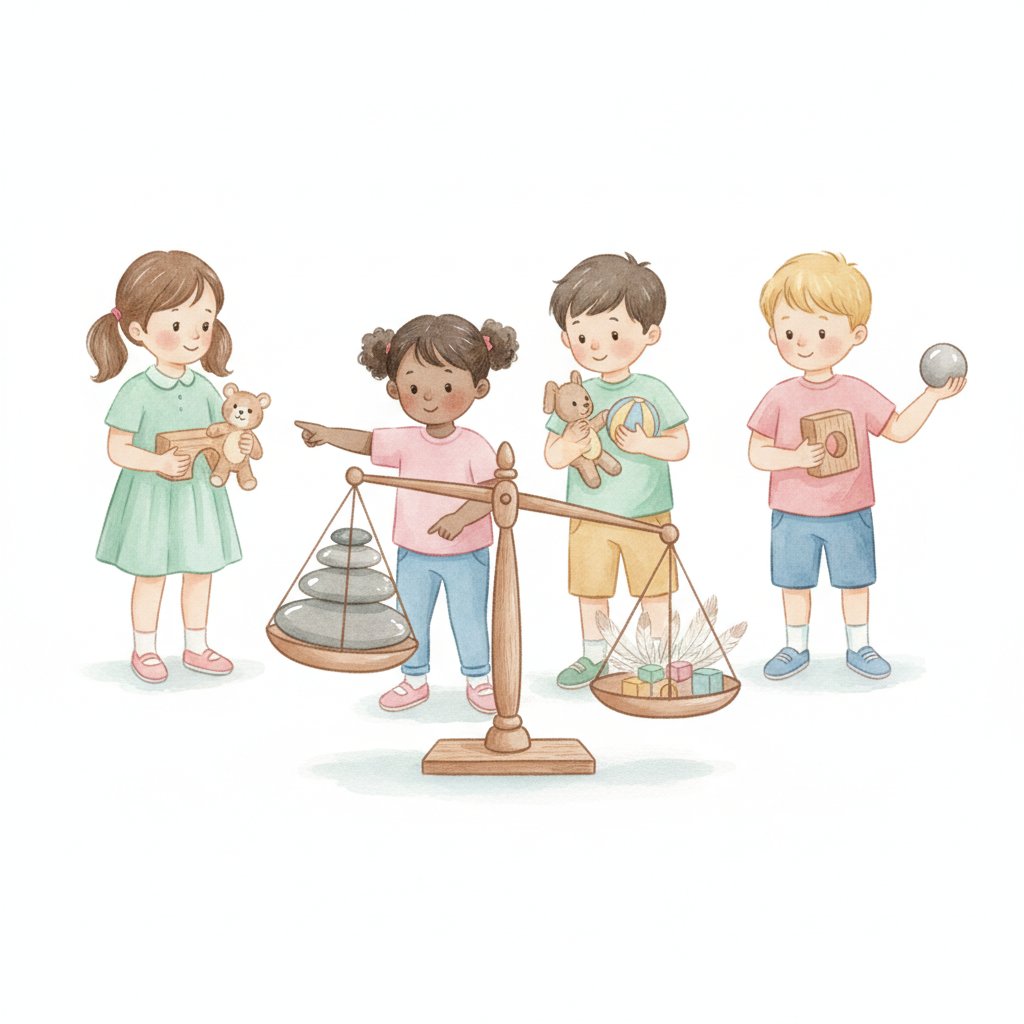 Children using a balance scale and weighing objects in their hands