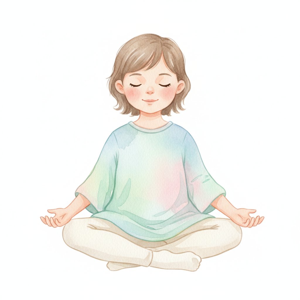 A calm young child sitting cross-legged taking a deep breath with eyes gently closed