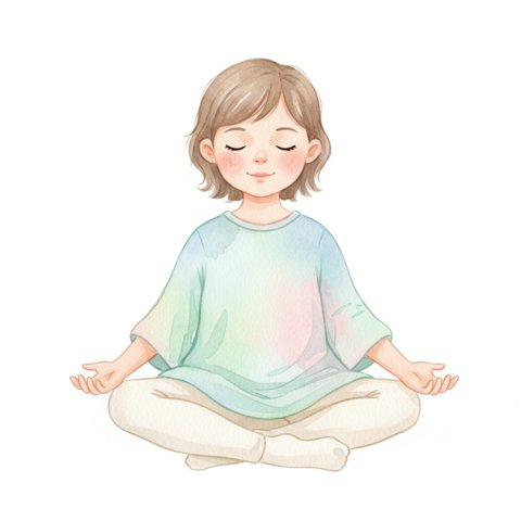 a calm young child sitting cross-legged taking a deep breath with eyes gently closed