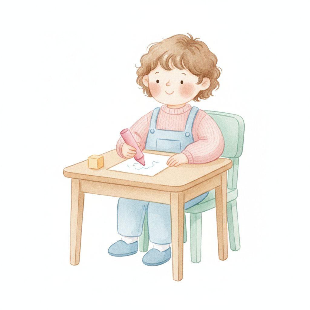 Watercolor illustration of a child sitting with good posture at a small desk holding a crayon