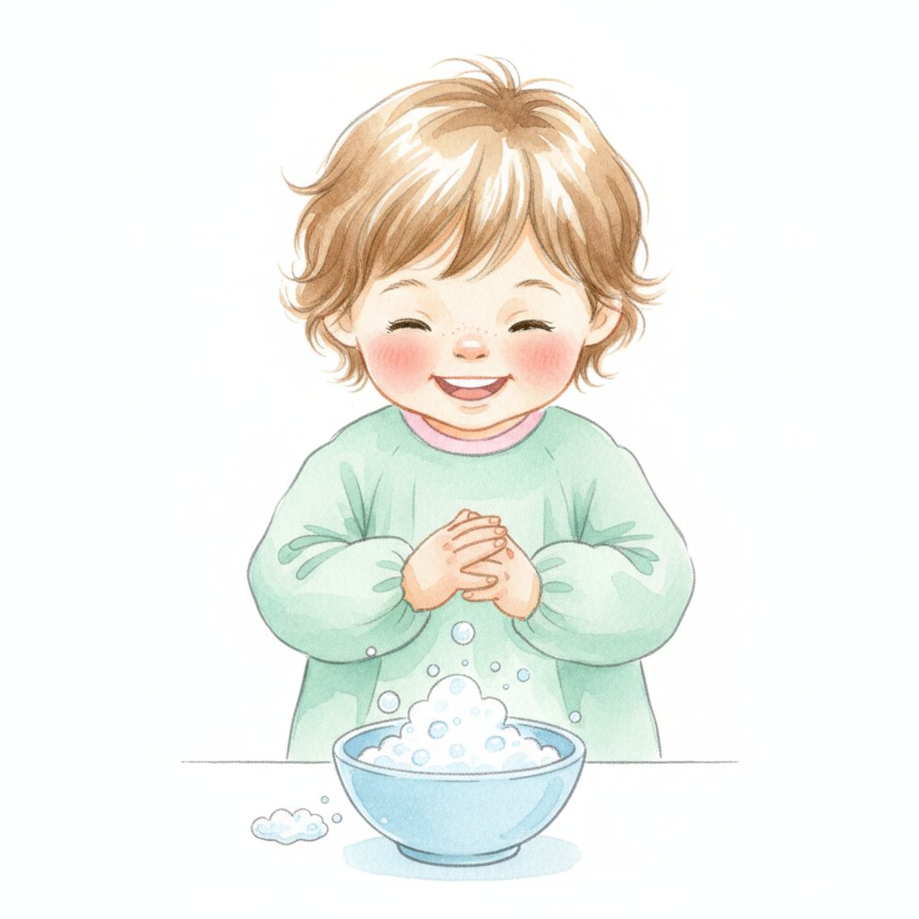A toddler watching a baking soda and vinegar experiment fizz