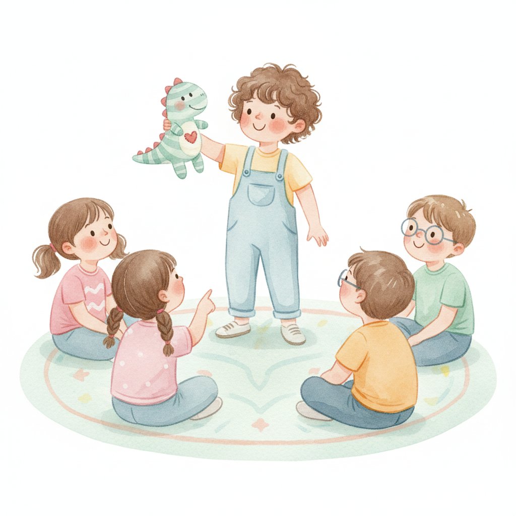Child proudly holding up a special toy during show-and-tell