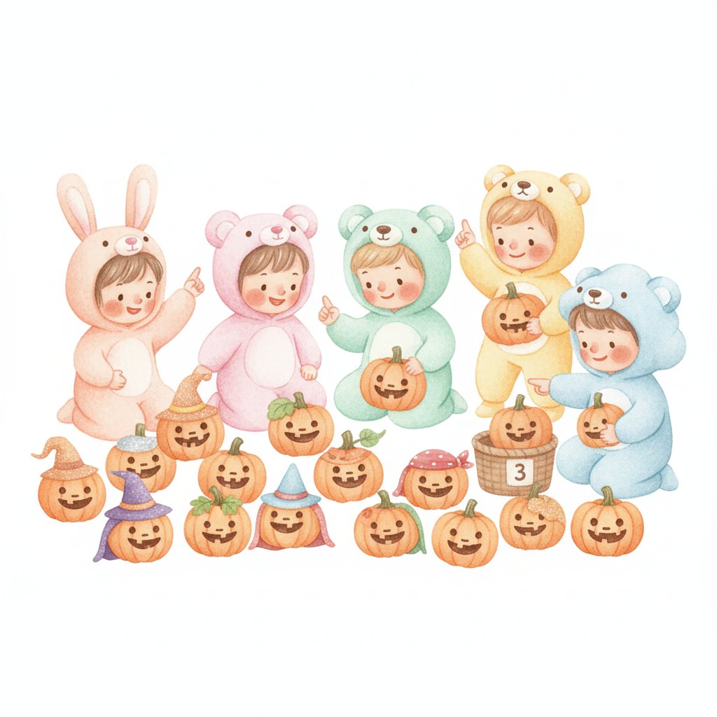 Watercolor illustration of children sorting and counting friendly pumpkins for Halloween