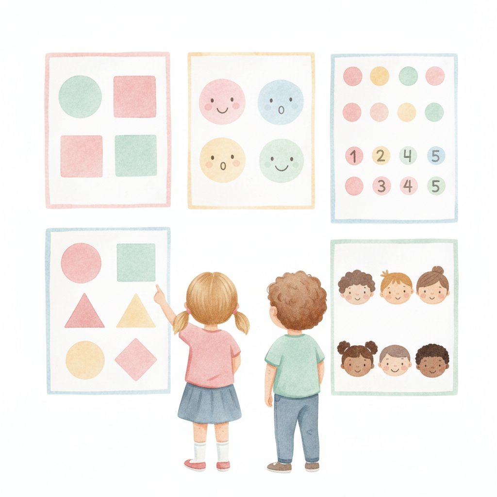 Classroom wall with a variety of learning posters - shapes colours feelings and counting