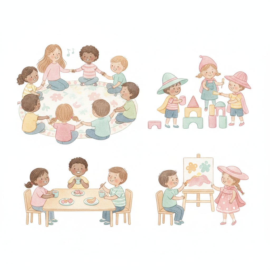 Children flowing through a kindergarten day at circle time snack and play centers
