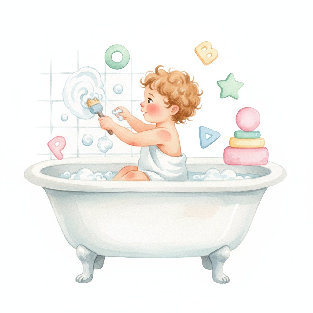 Child painting with foam soap and stacking floating letters and shapes in the bath