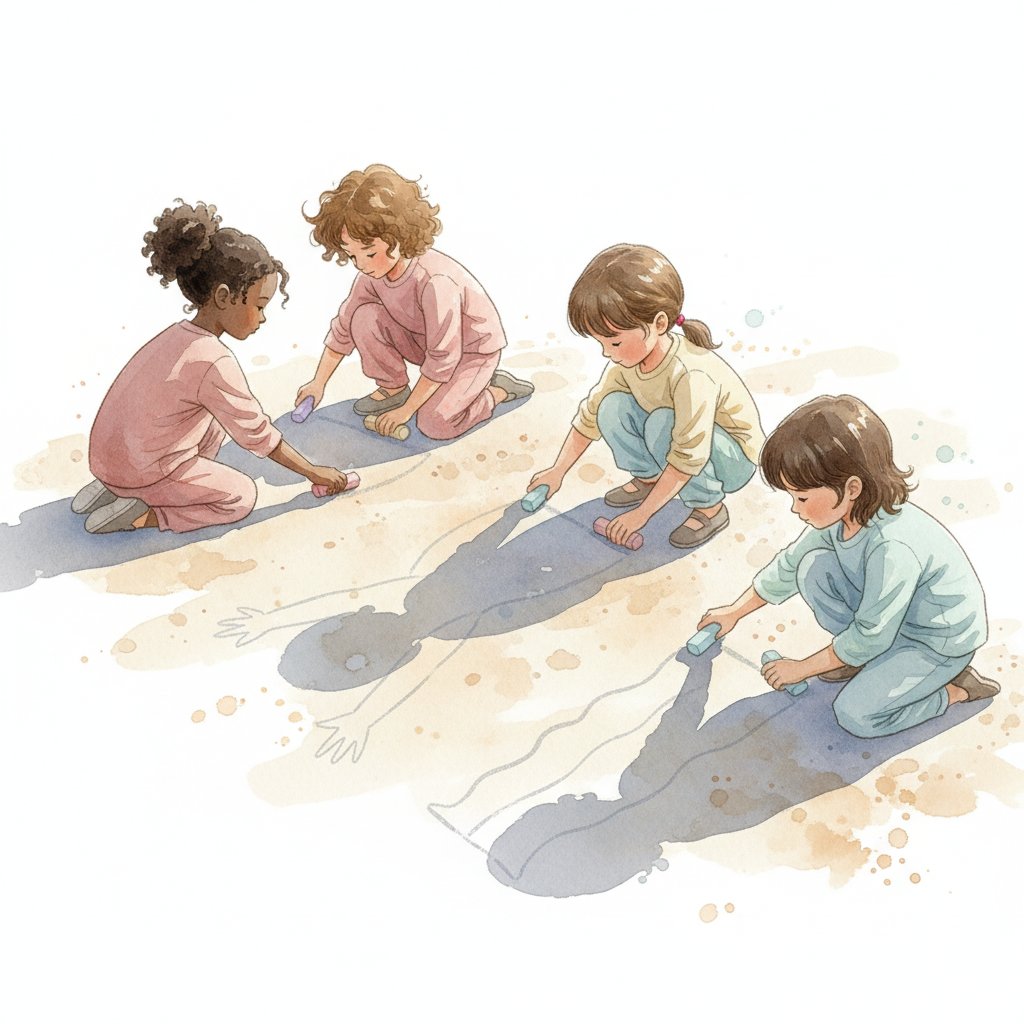 Young children tracing each other shadows on the ground with chalk