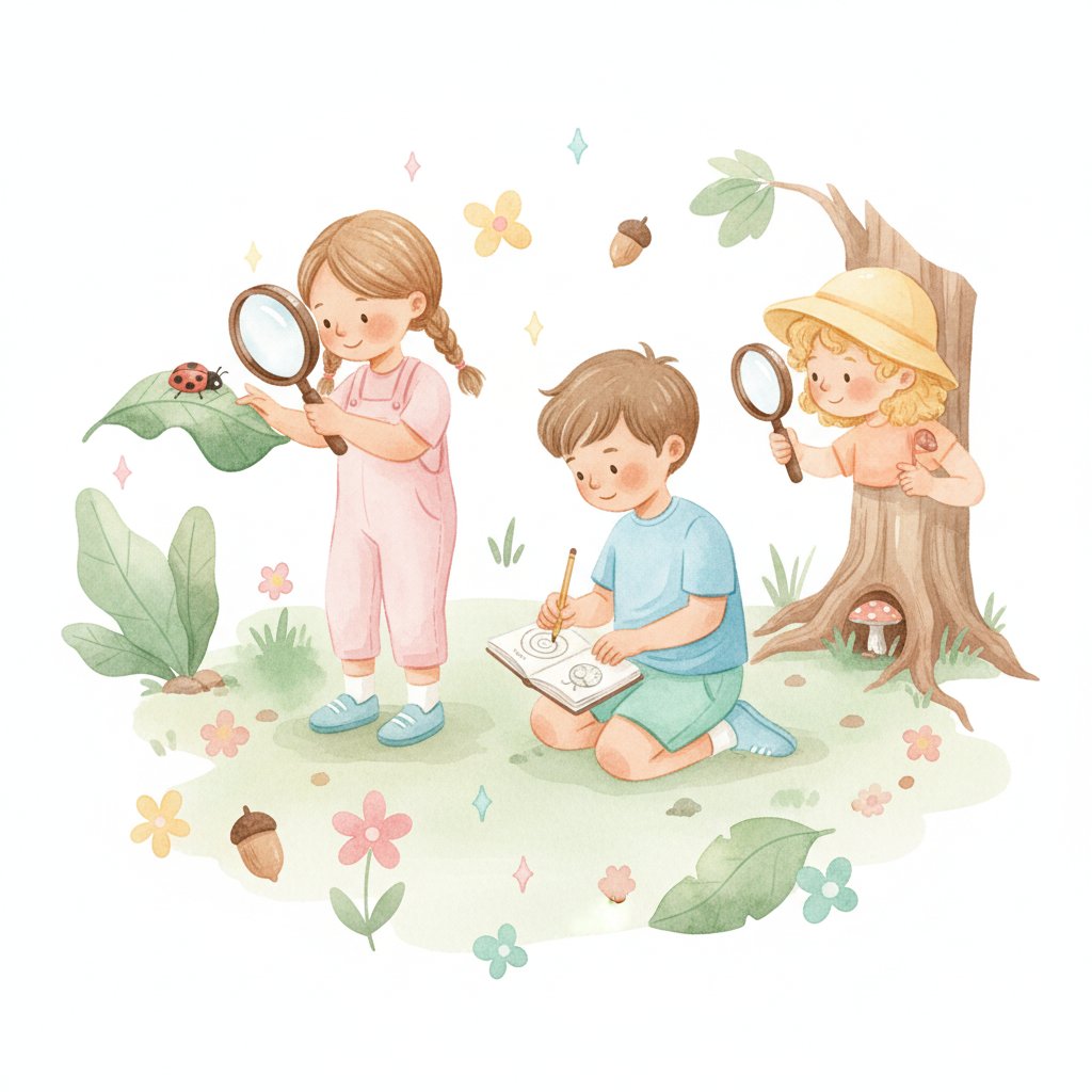 Children on an outdoor treasure-hunt investigation with magnifying glasses and a notebook