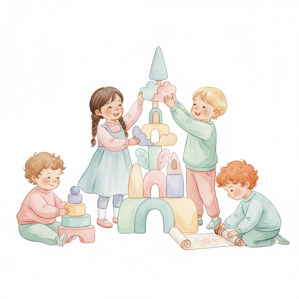 Watercolor illustration of children at different developmental stages, a toddler playing alongside older children building together