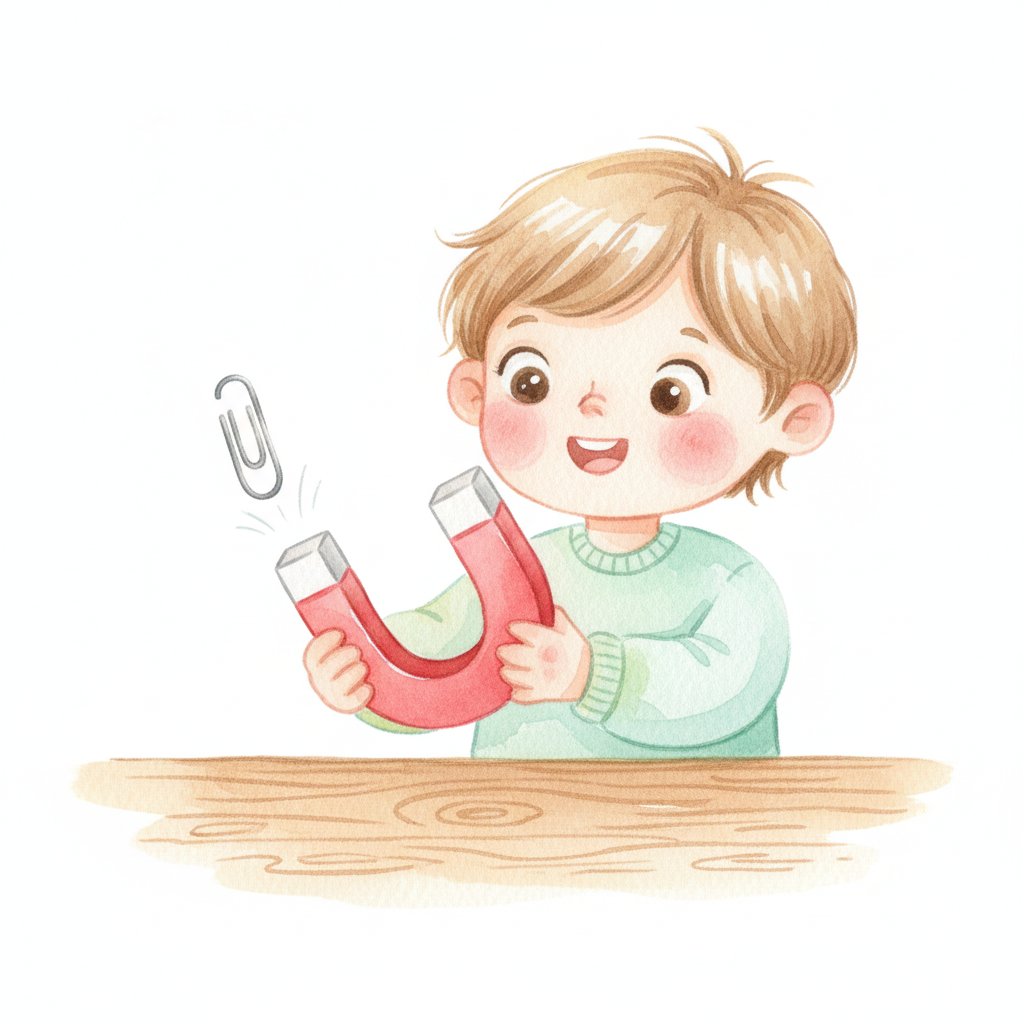 A child holding a horseshoe magnet as a paperclip leaps off the table